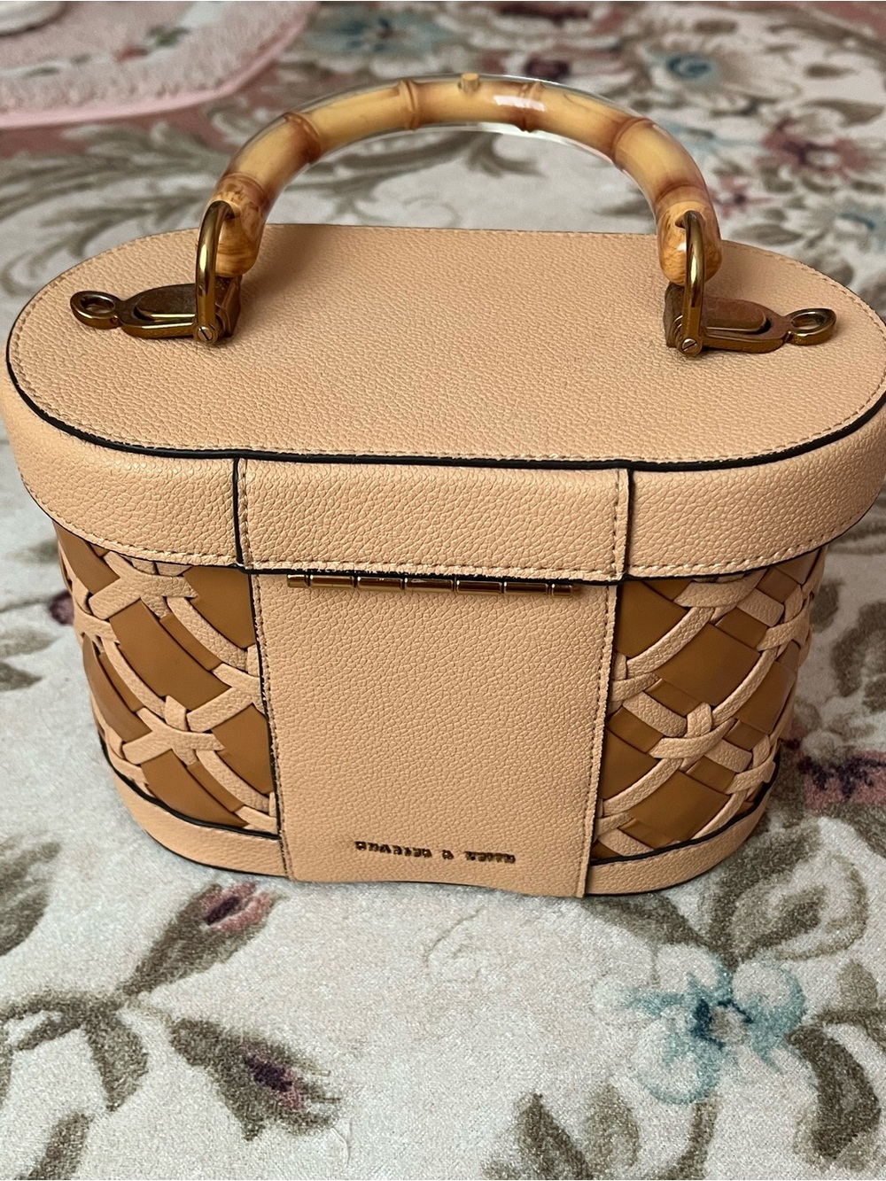 Charles & Keith Peach and Tan Woven Mini Top-Handle Bag - Picture 3 of 6
